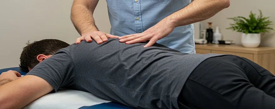 Chiropractor evaluating lower back pain at a wellness clinic in Nashua NH